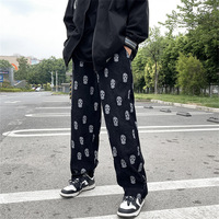 2021 styl Preppy czaszka pełny nadruk sznurkiem w stylu Casual, sztruksowa mężczyźni workowate spodnie Hip Hop proste spodnie dresowe męskie luźne spodnie 3
